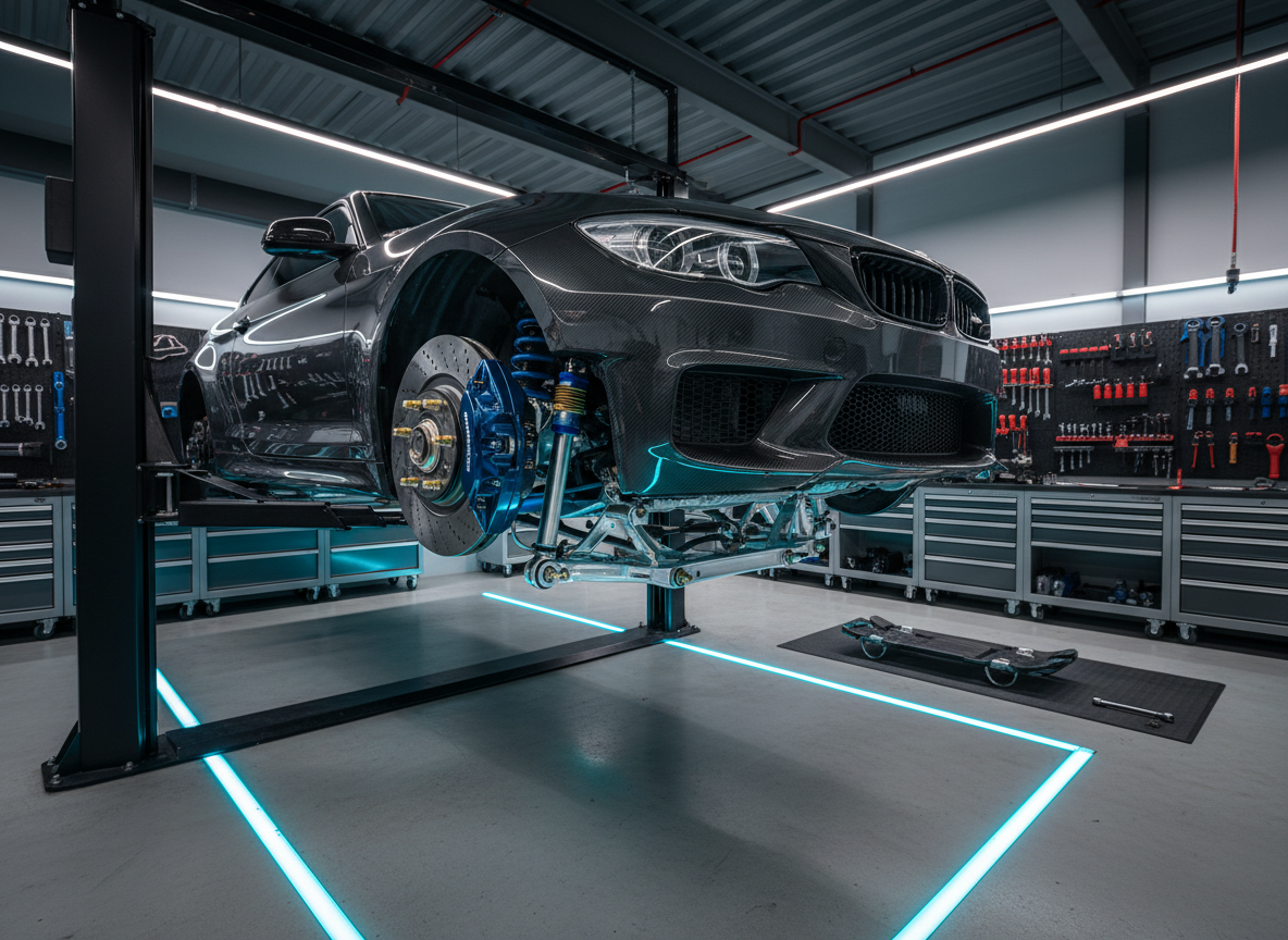 Brake, coilover and suspension system prepared for testing