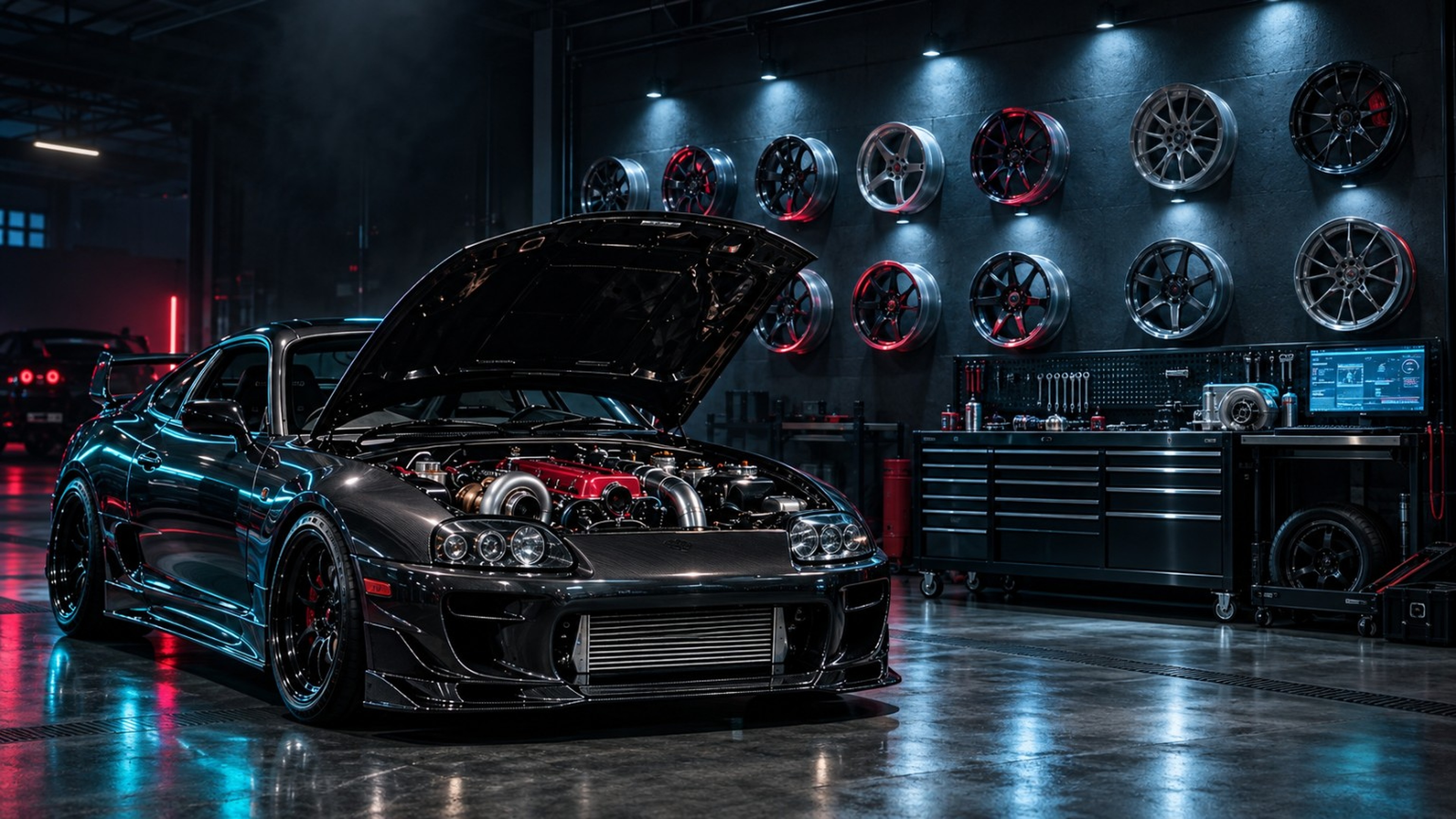 Black modified performance coupe in the Moshina garage